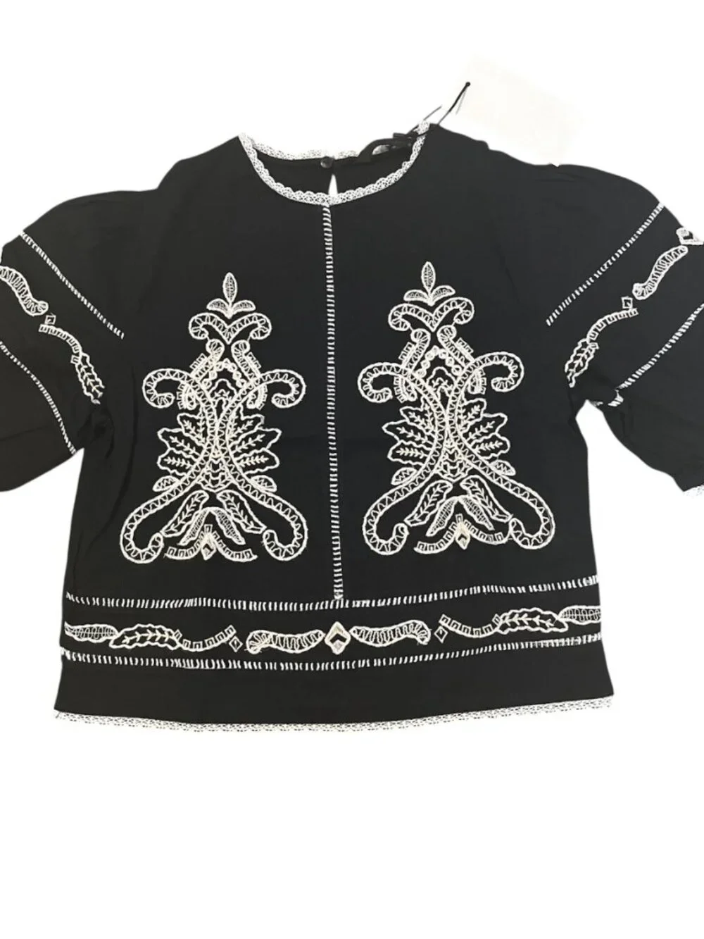 ZARA ZW Collection Embroidered Cotton Blouse NWT Medium Black Contrast Summer